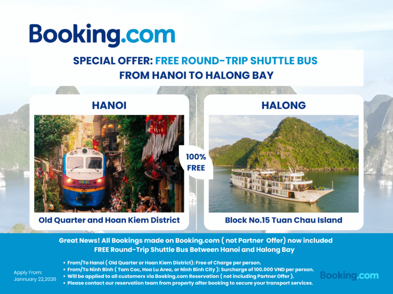 Special Offers from Booking.com: Free Round-Trip Shuttle Bus from Hanoi to Halong Bay.