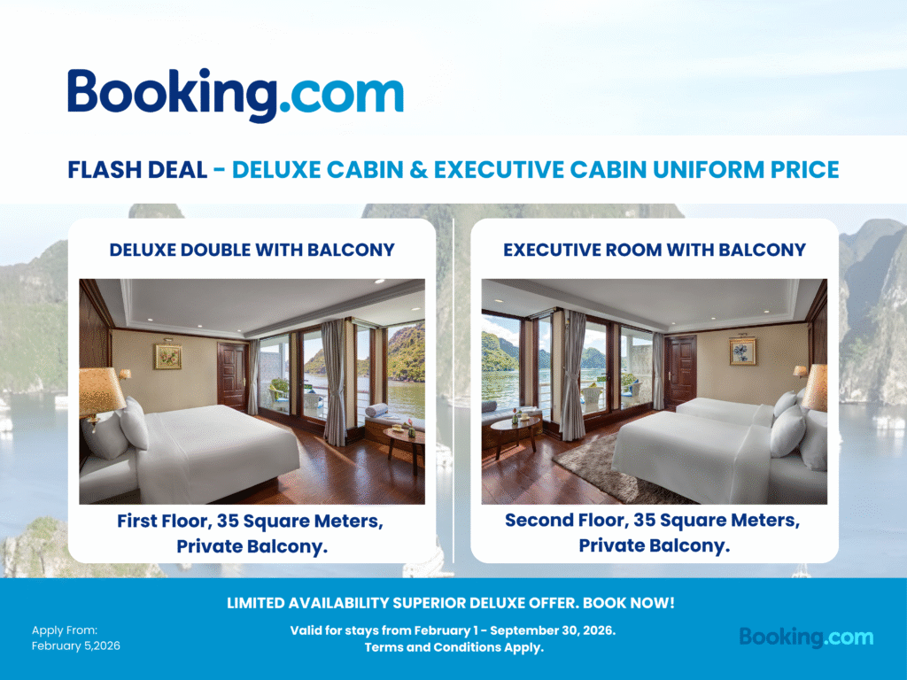 Booking.com Promotion: Deluxe Cabin & Executive Cabin - Uniform Price for Verdure Lotus Classic Cruise on Lan Ha Bay.