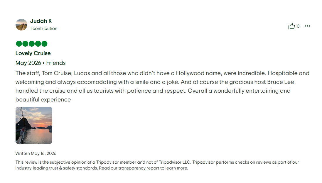 Verdure Lotus Grandeur Cruise on Ha Long Bay's Tripadvisor Reviews on 16th of May 2026.