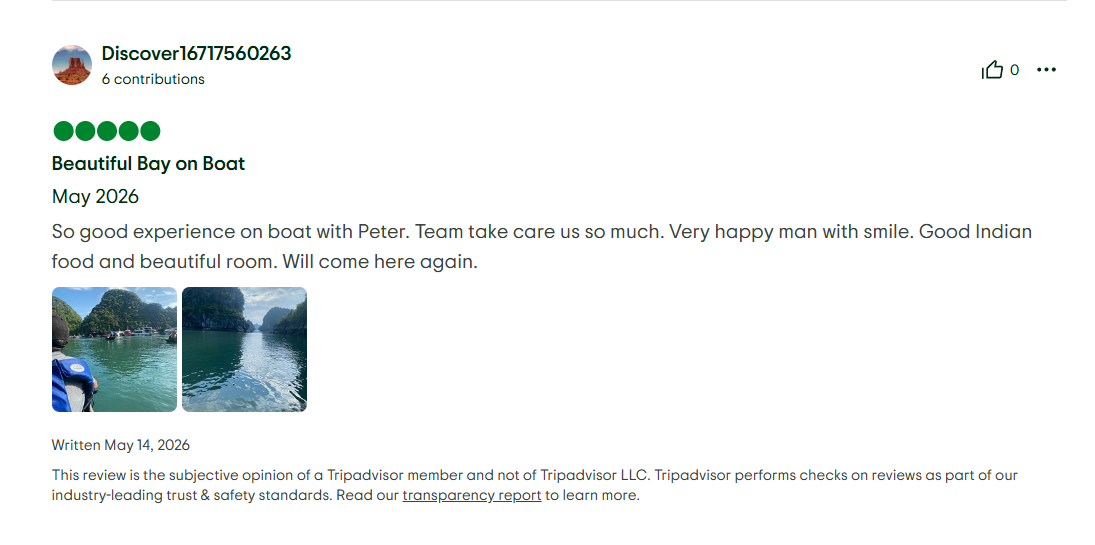 Verdure Lotus Grandeur Cruise on Ha Long Bay's Tripadvisor Reviews on 14th of May 2026.