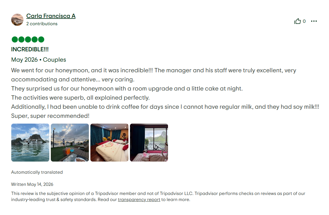 Verdure Lotus Grandeur Cruise on Ha Long Bay's Tripadvisor Reviews on 14th of May 2026.