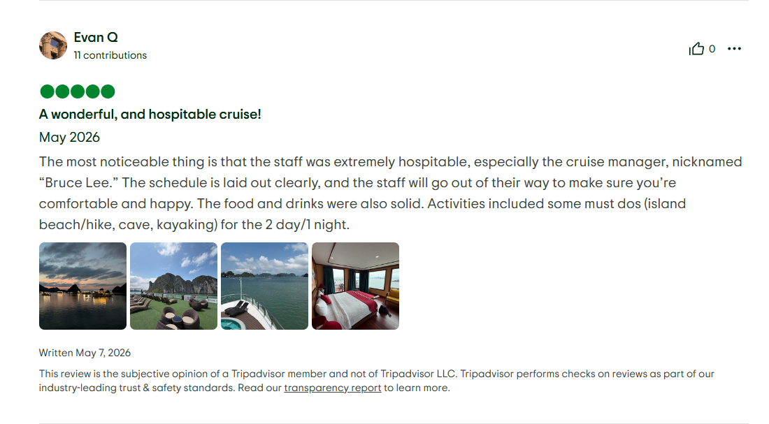Verdure Lotus Grandeur Cruise on Ha Long Bay's Tripadvisor Reviews on 7th of May 2026.