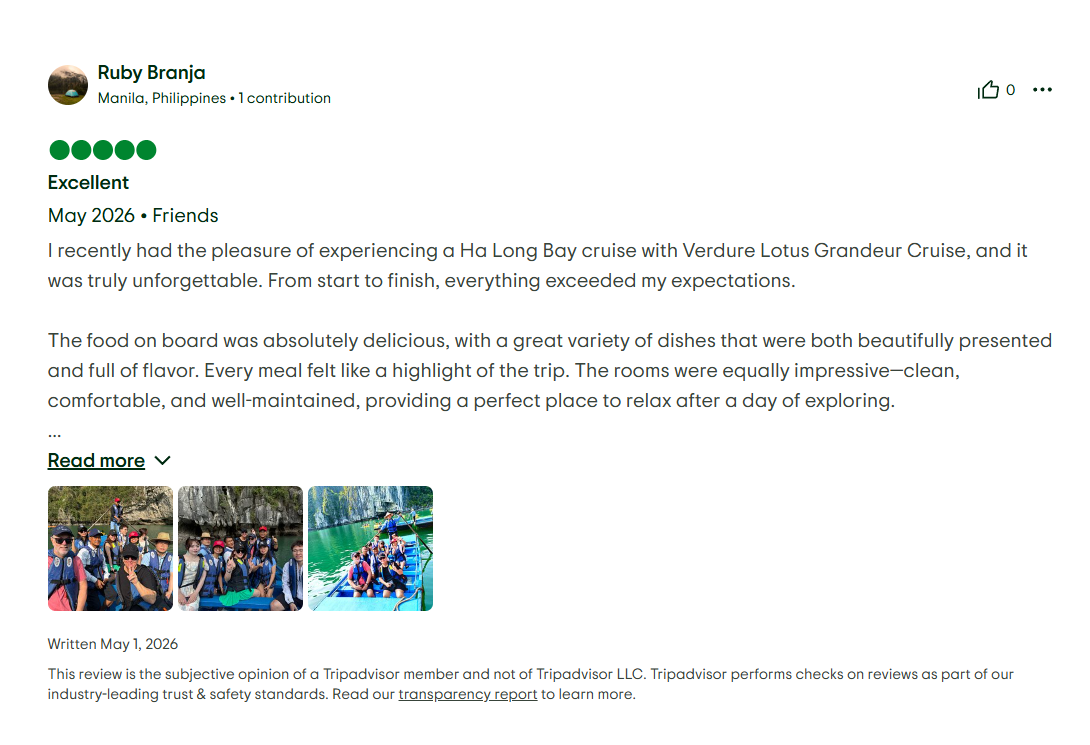 Verdure Lotus Grandeur Cruise on Ha Long Bay's Tripadvisor Reviews on 1st of May 2026.