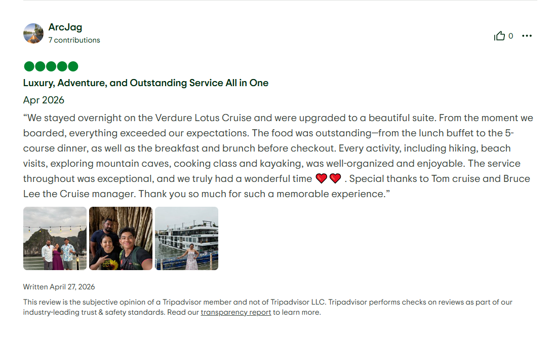 Verdure Lotus Grandeur Cruise on Ha Long Bay's Tripadvisor Reviews on 27th of April 2026.