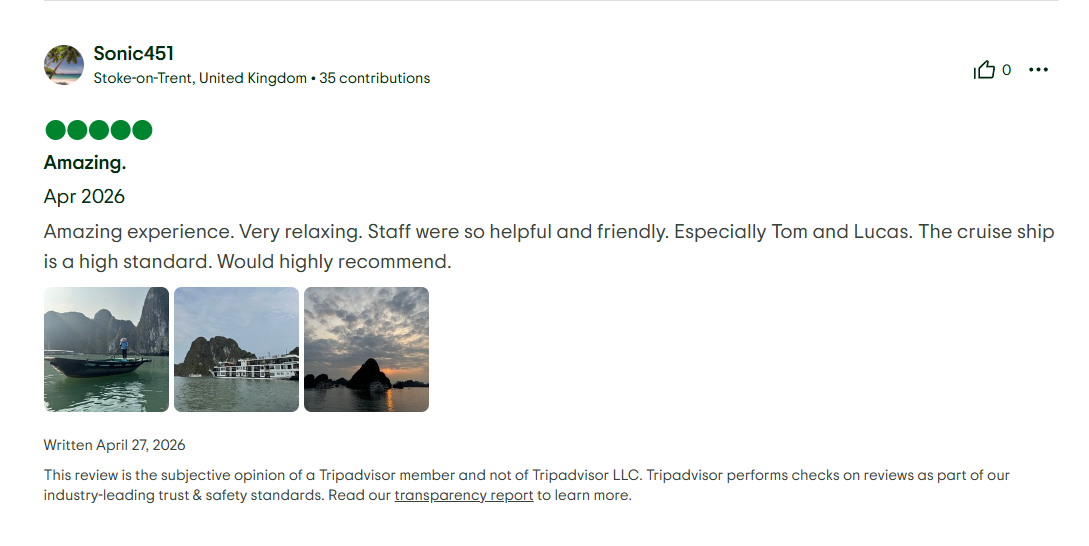 Verdure Lotus Grandeur Cruise on Ha Long Bay’s Tripadvisor Reviews on 27th of April 2026.