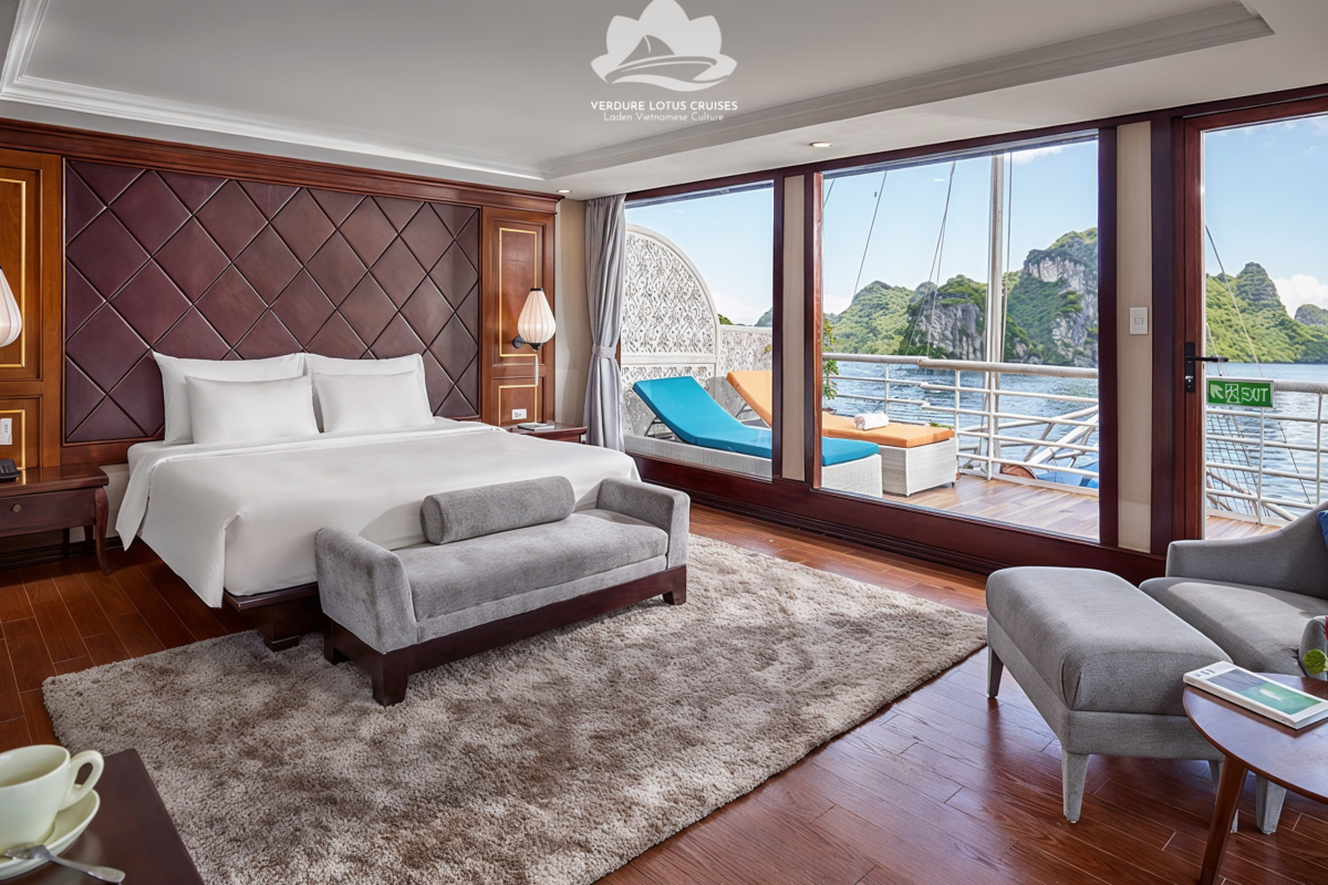 Suite Cabin with Private Balcony and Bathtub on Verdure Lotus Classic Cruise on Lan Ha Bay. Suite Cabin is located on the 2nd floor, 55sqm, bay view with panoramic windows, private balcony, and bathtub.