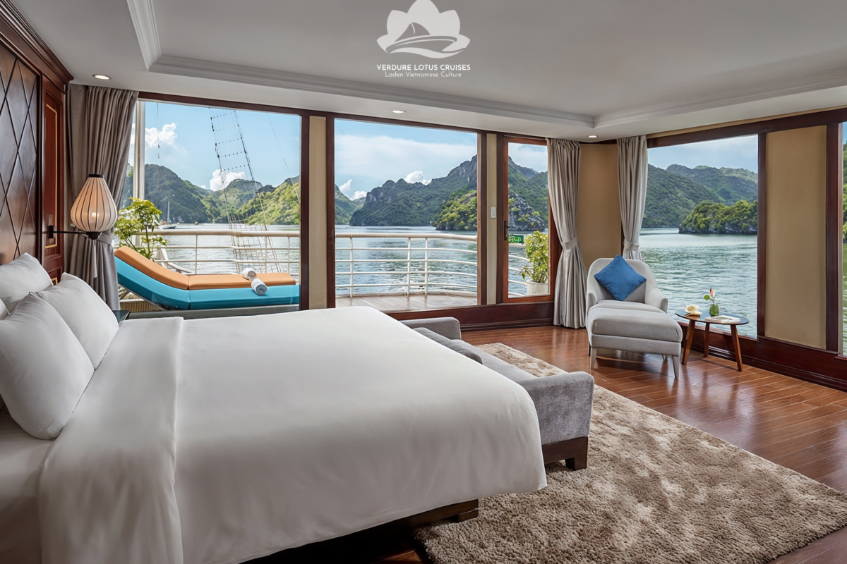 Suite Cabin with Private Balcony and Bathtub on Verdure Lotus Classic Cruise on Lan Ha Bay. Suite Cabin is located on the 2nd floor, 55sqm, bay view with panoramic windows, private balcony, and bathtub.