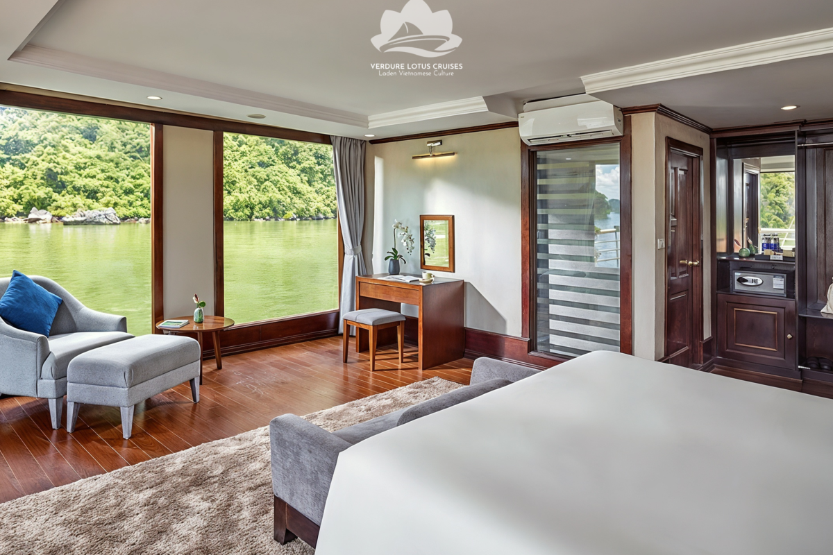 Suite Cabin with Private Balcony and Bathtub on Verdure Lotus Classic Cruise on Lan Ha Bay. Suite Cabin is located on the 2nd floor, 55sqm, bay view with panoramic windows, private balcony, and bathtub.