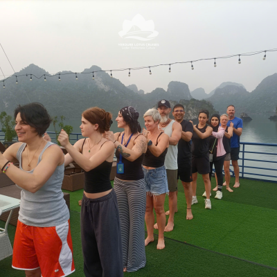 Taichi on Verdure Lotus Classic Cruise on Lan Ha Bay at 06:00 AM.