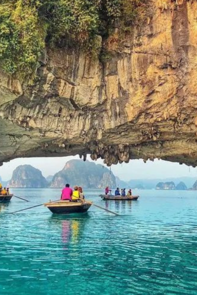 Bamboo Boat On Bright Cave Lan Ha Bay