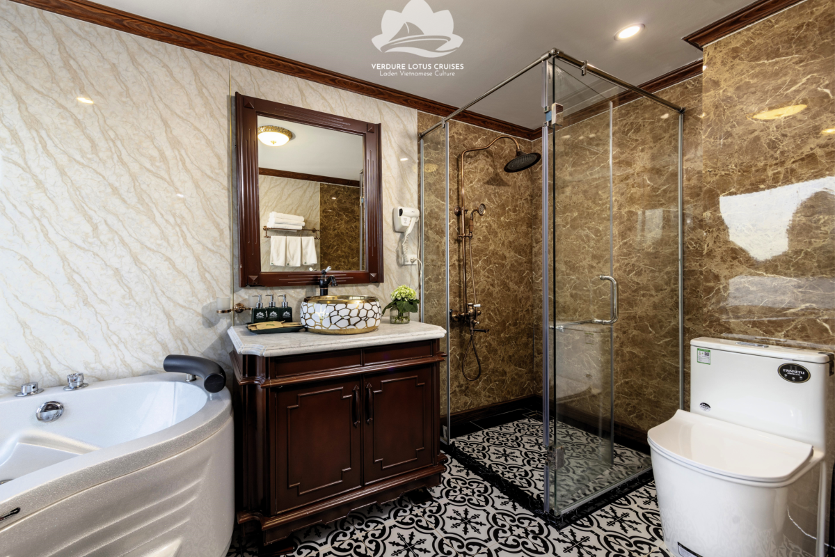 Bathroom for Triple Suite Cabin with Balcony and Royal Cabin with Balcony in Verdure Lotus Grandeur Cruise on Ha Long Bay.