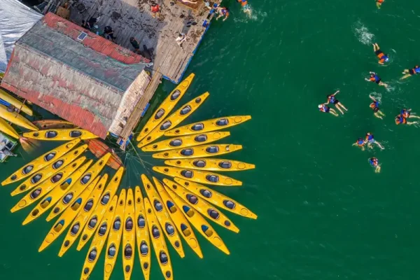 Aerial view of yellow kayaks arranged in a circular pattern near a dock with swimmers in green water